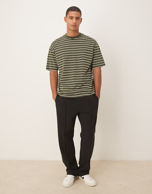 ASOS DESIGN Oversized T-shirt In Dark Green And Ecru Stripe