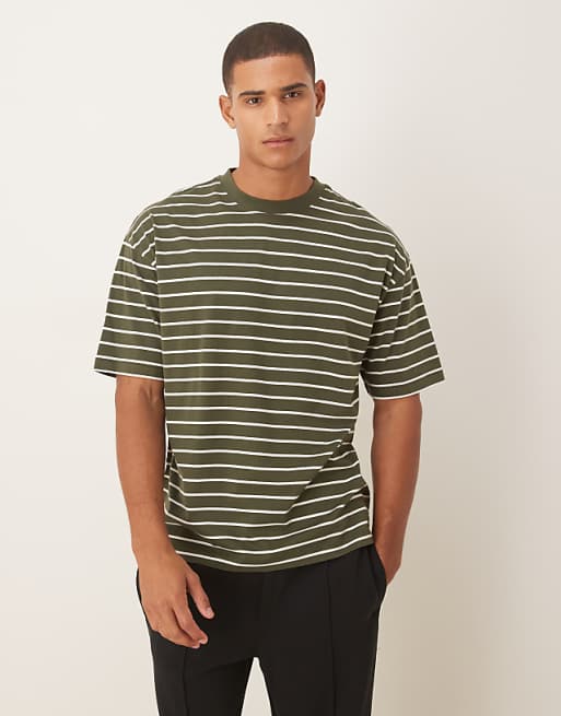 ASOS DESIGN oversized t-shirt in dark green and ecru stripe