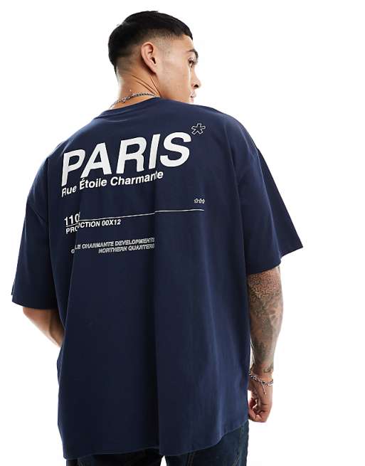 ASOS DESIGN oversized t-shirt in navy with Paris text back print