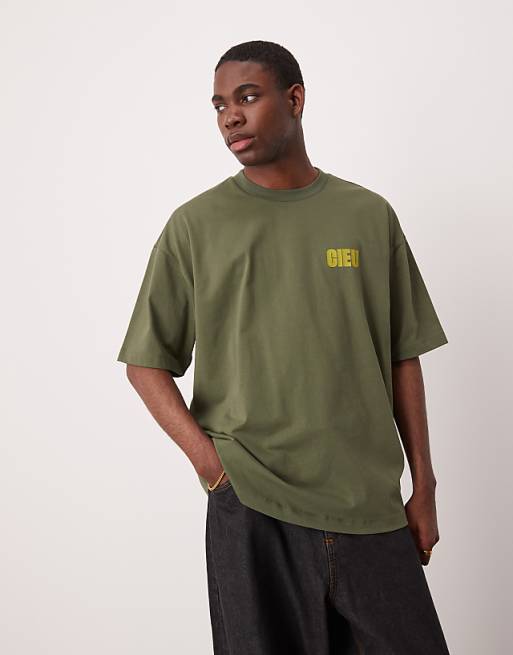 ASOS DESIGN oversized t-shirt with chest print in khaki