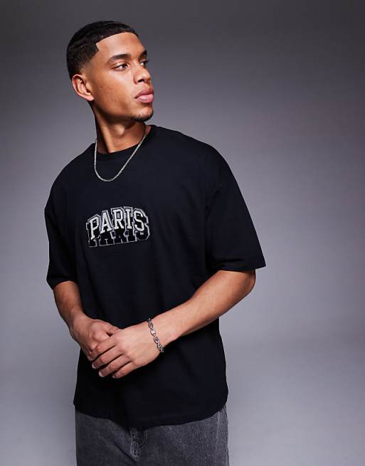 ASOS DESIGN oversized t-shirt with city chest embroidery in black