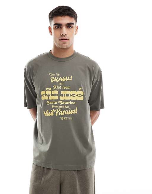ASOS DESIGN oversized t-shirt with city graphic in khaki