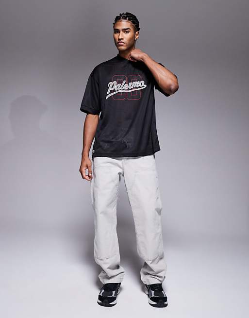ASOS DESIGN Oversized T-shirt With Cut And Sew And High Build Sports Graphic In Black Sports Mesh