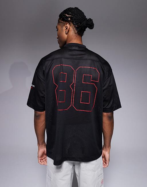 ASOS DESIGN Oversized T-shirt With Cut And Sew And High Build Sports Graphic In Black Sports Mesh