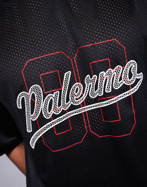 ASOS DESIGN Oversized T-shirt With Cut And Sew And High Build Sports Graphic In Black Sports Mesh