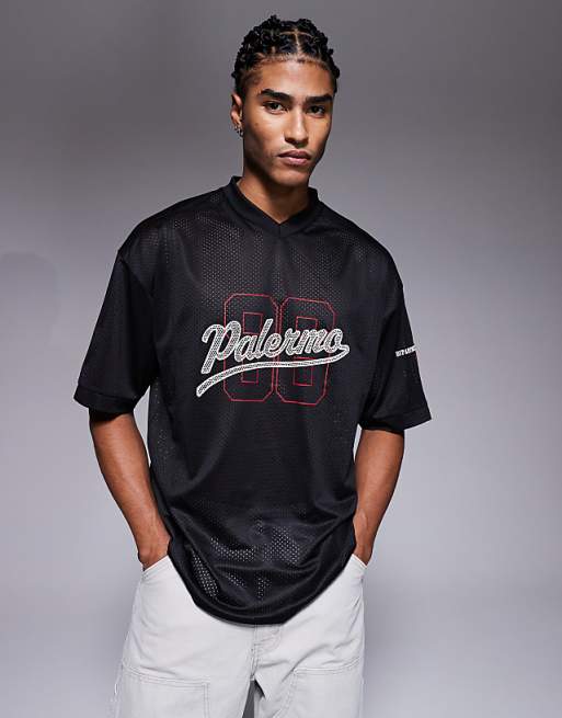 ASOS DESIGN oversized t-shirt with cut and sew and high build sports graphic in black sports mesh