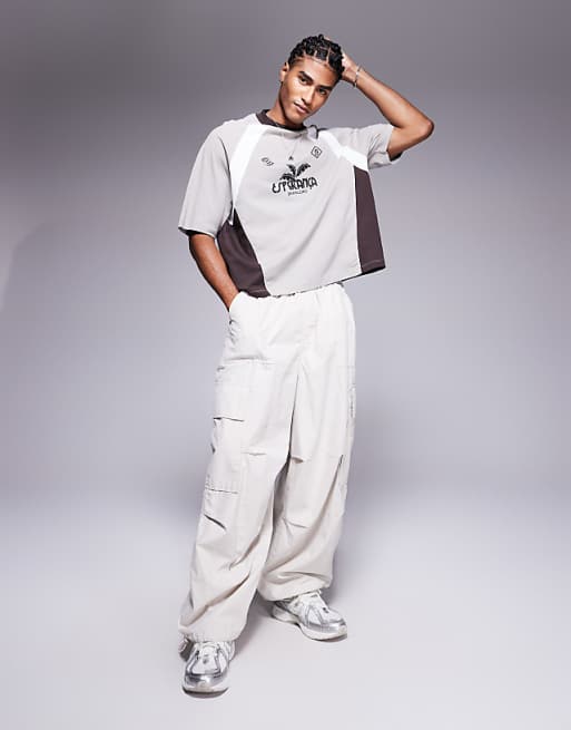 ASOS DESIGN Oversized T-shirt With Cut And Sew Tee And Sports Graphic In Grey