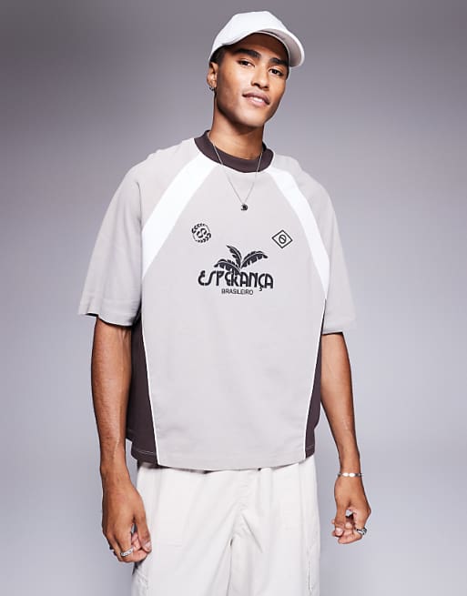 ASOS DESIGN oversized t-shirt with cut and sew tee and sports graphic in grey