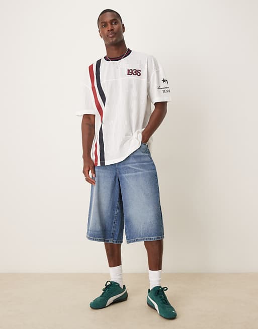 ASOS DESIGN Oversized T-shirt With Dropped Shoulder And Sports Graphic In White Airtex