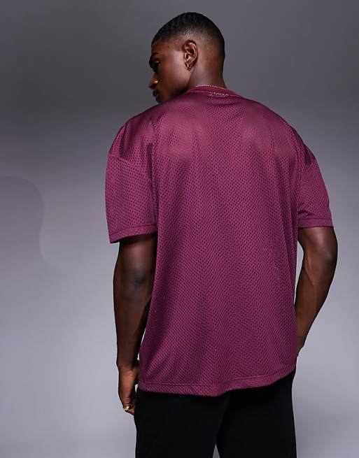 ASOS DESIGN Oversized T-shirt With Dropped Shoulder And Sports Graphic In Burgundy Mesh