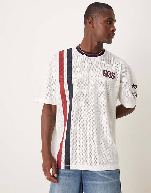 ASOS DESIGN oversized t-shirt with dropped shoulder and sports graphic in white airtex