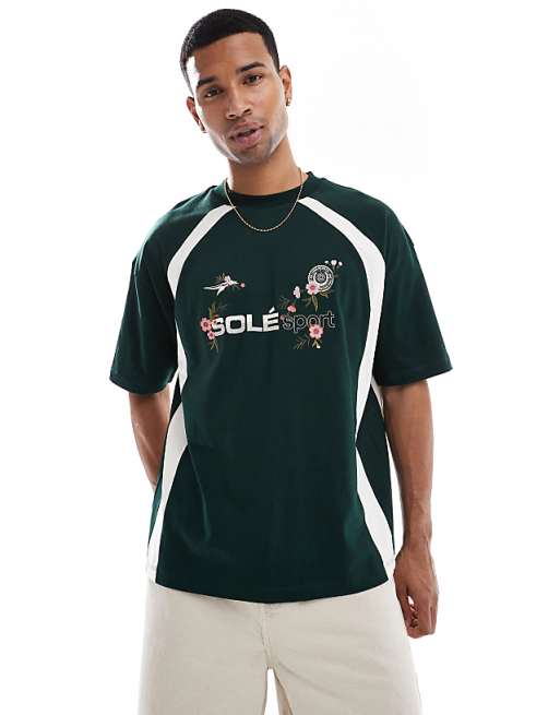 ASOS DESIGN Oversized T-shirt With Floral Sport Graphic And Contrast Panels In Dark Green