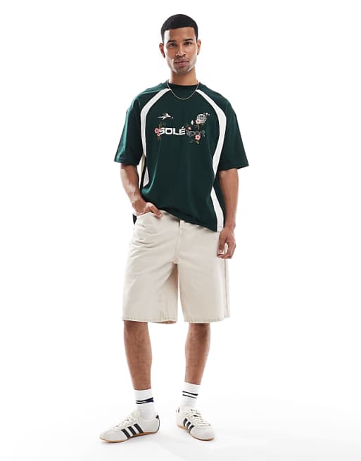 ASOS DESIGN Oversized T-shirt With Floral Sport Graphic And Contrast Panels In Dark Green