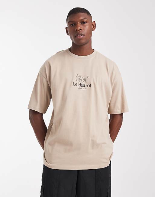 ASOS DESIGN oversized t-shirt with front embroidery in stone