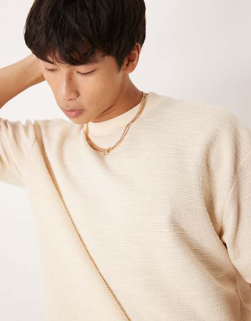 ASOS DESIGN Oversized T-shirt With Henley Neck In Cream Boucle