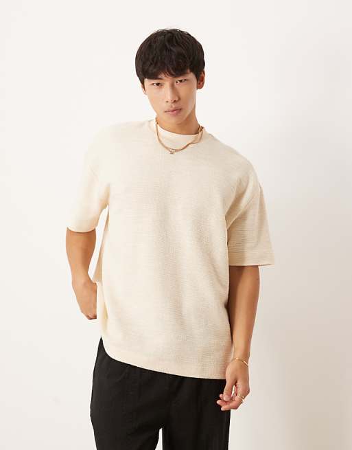 ASOS DESIGN oversized t-shirt with henley neck in cream boucle