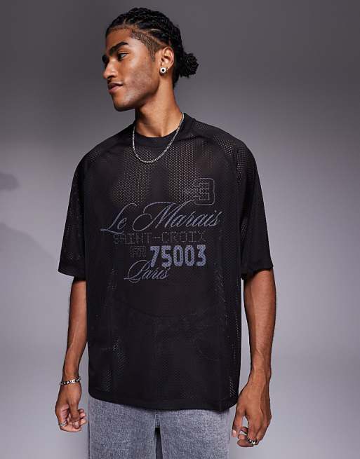 ASOS DESIGN oversized t-shirt with Le Marais graphic in black airtex