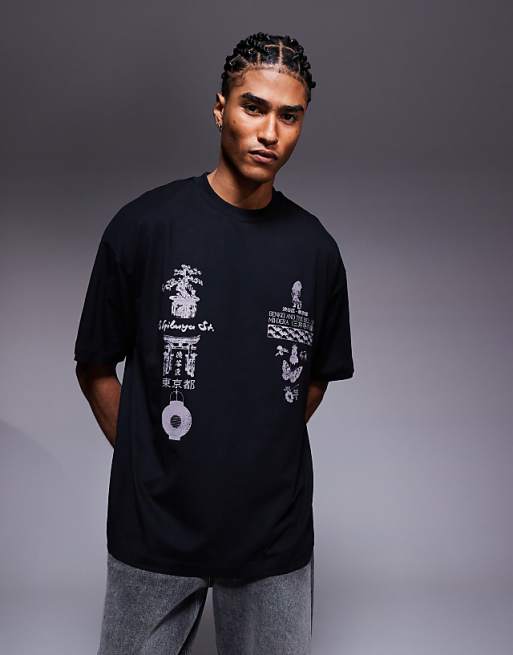 ASOS DESIGN oversized t-shirt with multi-placement graphic in black