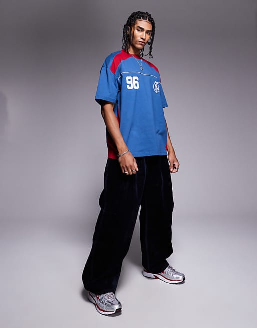 ASOS DESIGN Oversized T-shirt With Panelling And Sports Graphic In Blue And Red