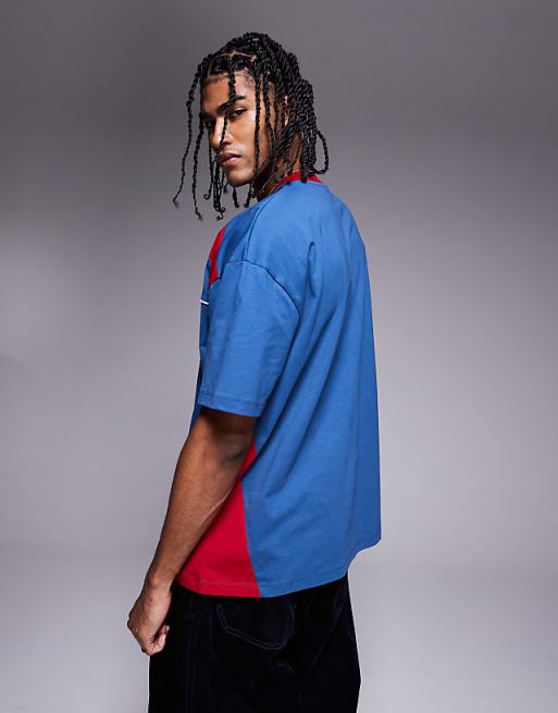 ASOS DESIGN Oversized T-shirt With Panelling And Sports Graphic In Blue And Red