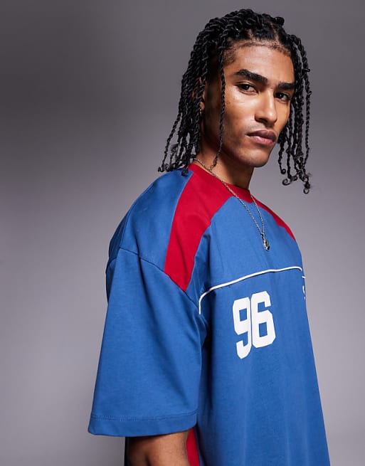 ASOS DESIGN Oversized T-shirt With Panelling And Sports Graphic In Blue And Red