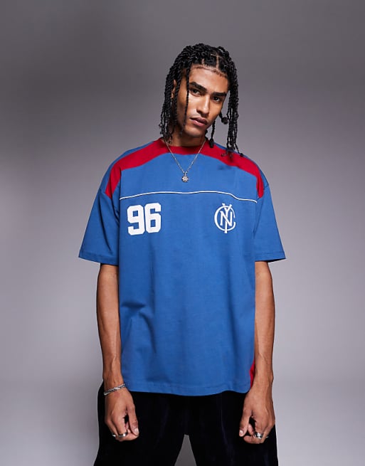 ASOS DESIGN oversized t-shirt with panelling and sports graphic in blue and red
