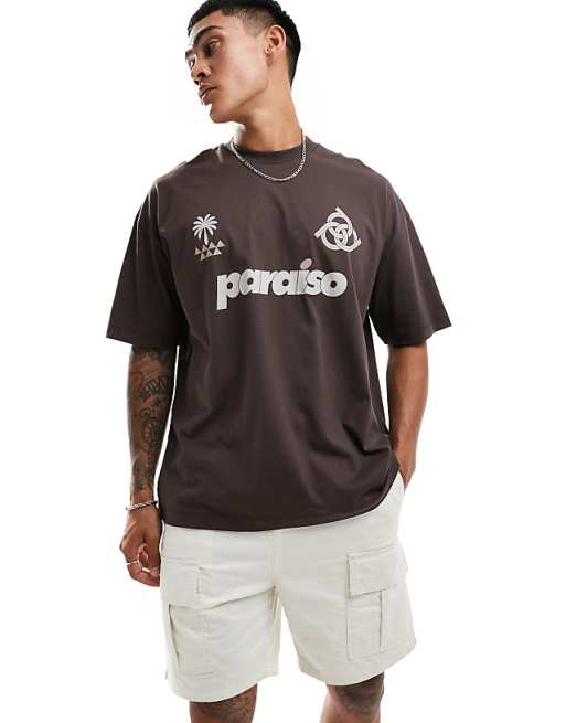 ASOS DESIGN oversized t-shirt with paraiso front print in brown