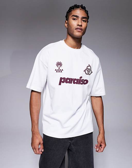 ASOS DESIGN oversized t-shirt with paraiso graphic in white