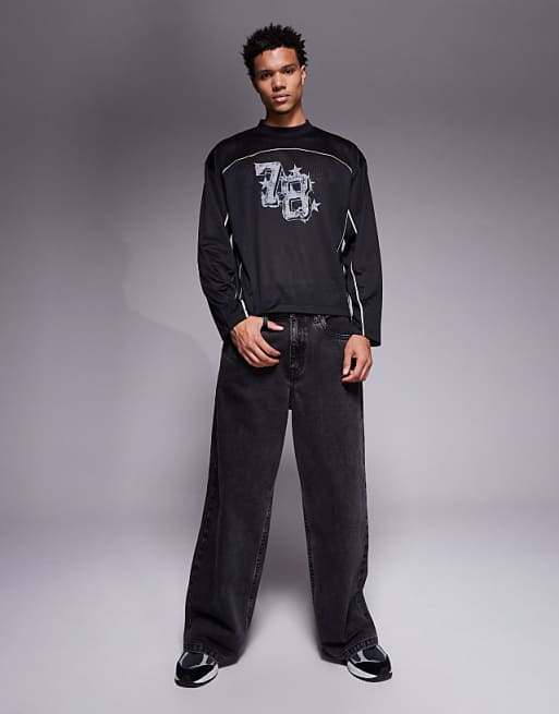 ASOS DESIGN Oversized T-shirt With Piping Detail And Number Graphic In Black Airtex