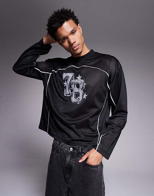 ASOS DESIGN oversized t-shirt with piping detail and number graphic in black airtex