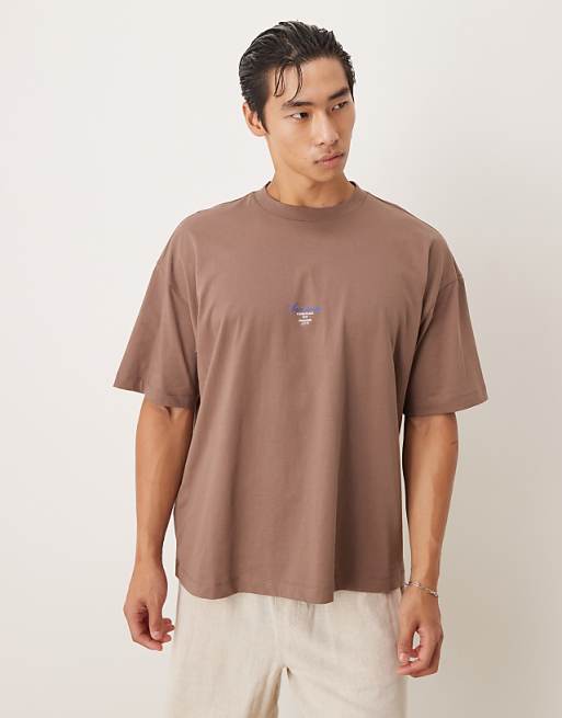 ASOS DESIGN oversized t-shirt with script text in brown