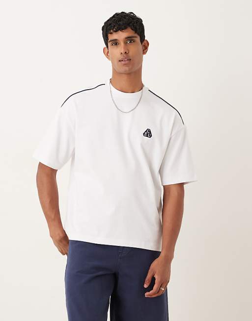 ASOS DESIGN oversized t-shirt with shoulder piping and embroidery in white