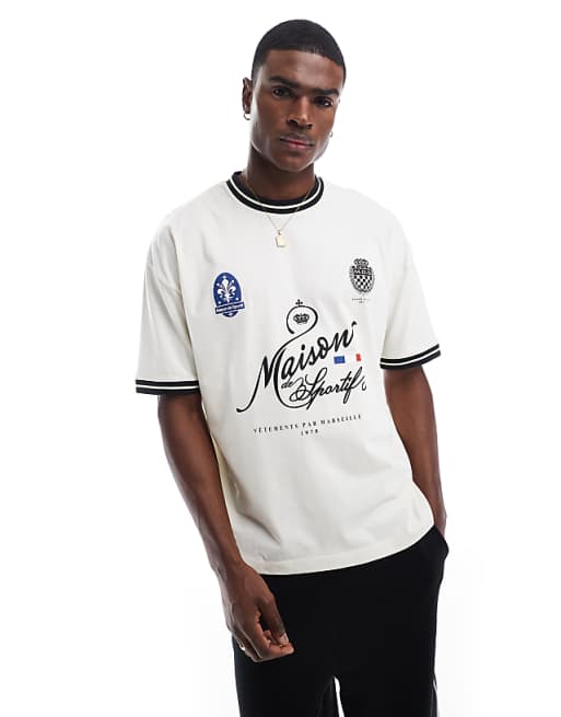 ASOS DESIGN oversized t-shirt with sports front print in off-white