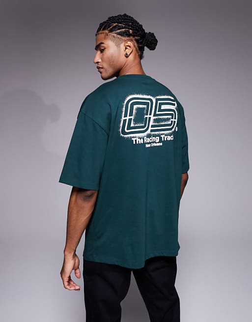 ASOS DESIGN oversized t-shirt with sports graphic in dark green