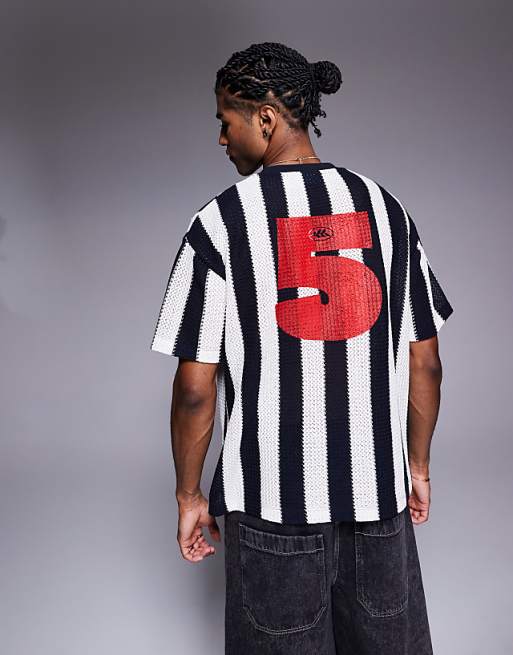 ASOS DESIGN Oversized T-shirt With Sports Graphic In Black And White Striped Crochet