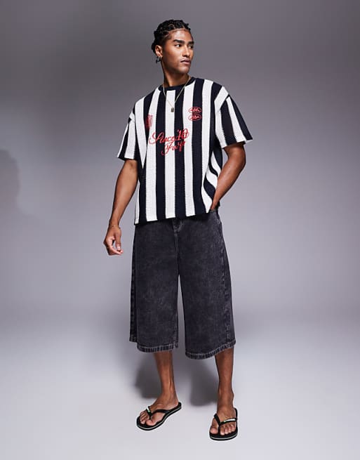 ASOS DESIGN Oversized T-shirt With Sports Graphic In Black And White Striped Crochet