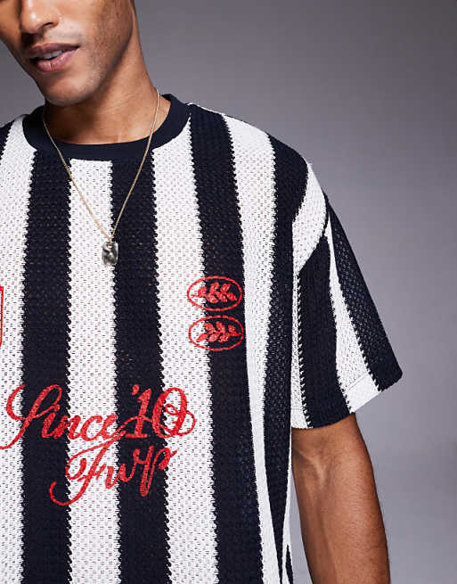 ASOS DESIGN Oversized T-shirt With Sports Graphic In Black And White Striped Crochet