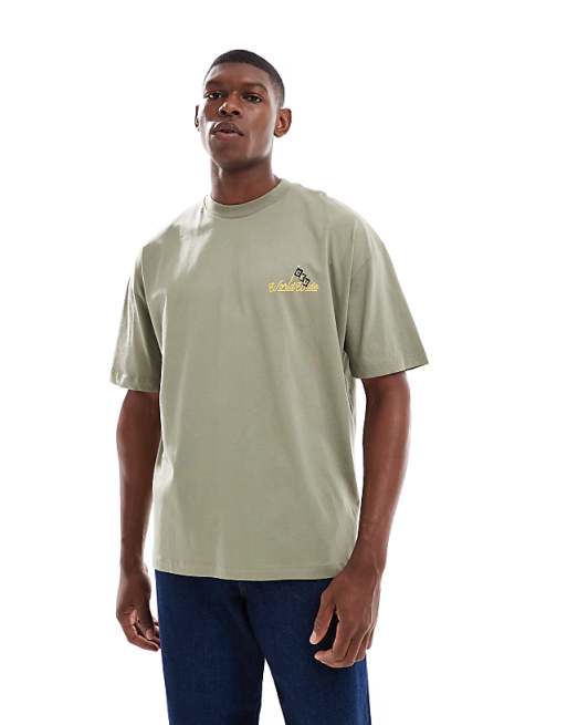 ASOS DESIGN oversized t-shirt with text graphic in light khaki