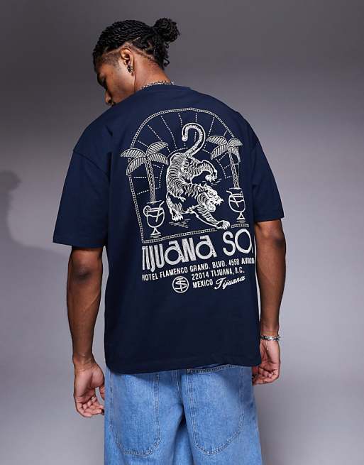 ASOS DESIGN Oversized T-shirt With Tijuana Tiger Graphic In Navy