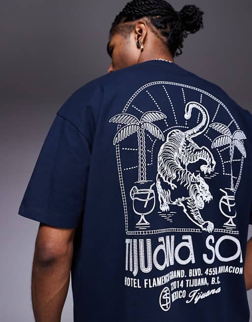 ASOS DESIGN oversized t-shirt with Tijuana tiger graphic in navy