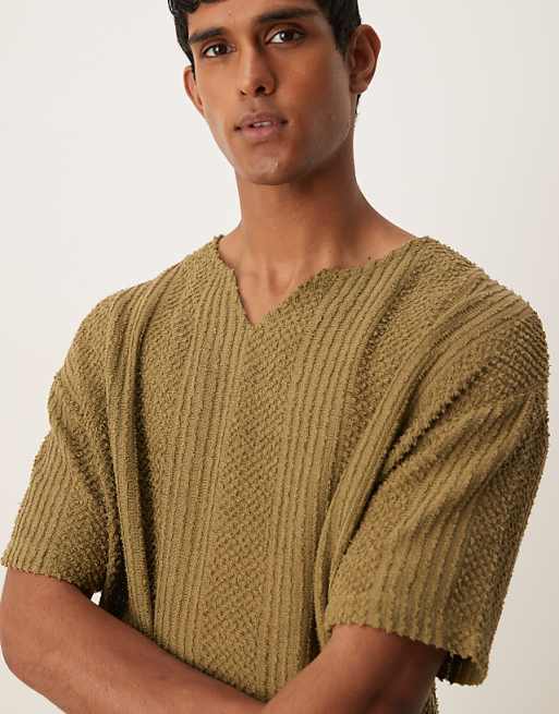 ASOS DESIGN Oversized T-shirt With V Neck In Khaki Texture