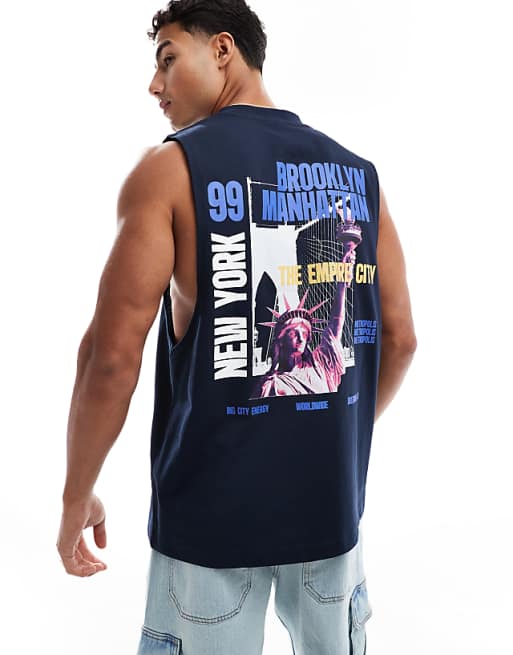 ASOS DESIGN oversized tank with city graphic in navy