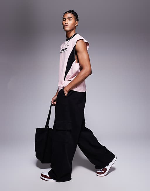 ASOS DESIGN Oversized Tank With Cut And Sew Detail And Sports Graphic In Pink