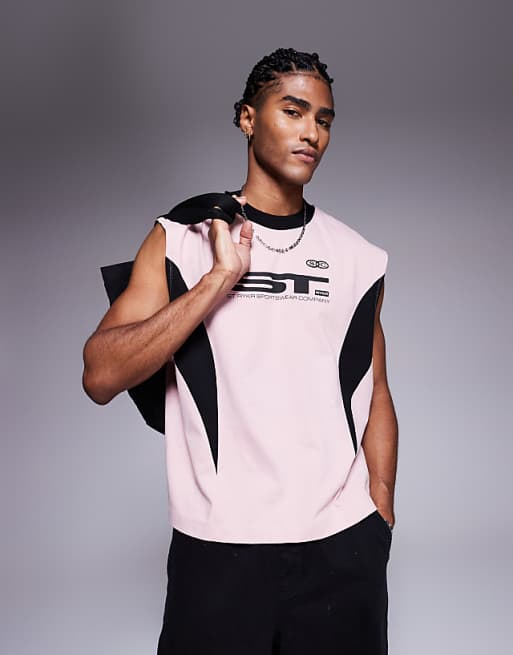ASOS DESIGN oversized tank with cut and sew detail and sports graphic in pink