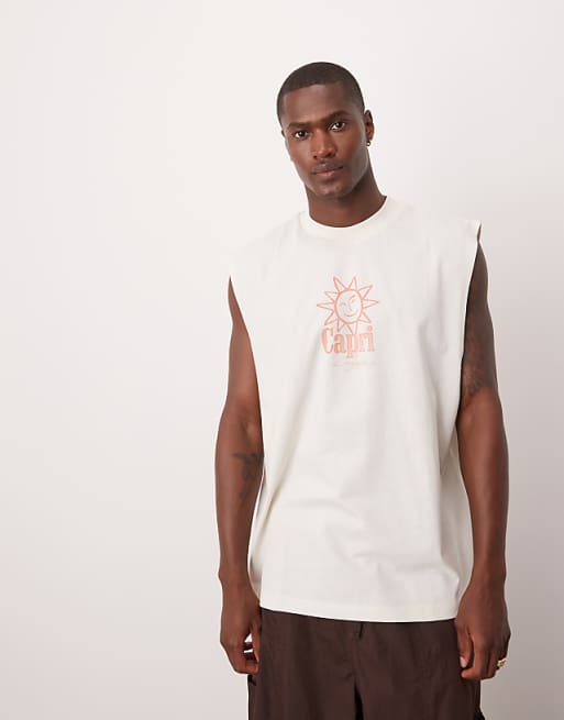 ASOS DESIGN Oversized Tank With Dropped Armhole And Sun Graphic In Off White
