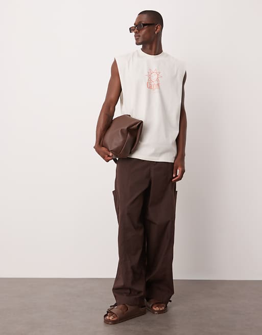 ASOS DESIGN Oversized Tank With Dropped Armhole And Sun Graphic In Off White