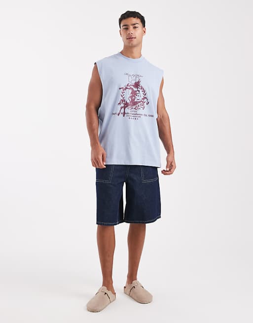 ASOS DESIGN Oversized Tank With Dropped Armhole And Street Graphic In Light Blue