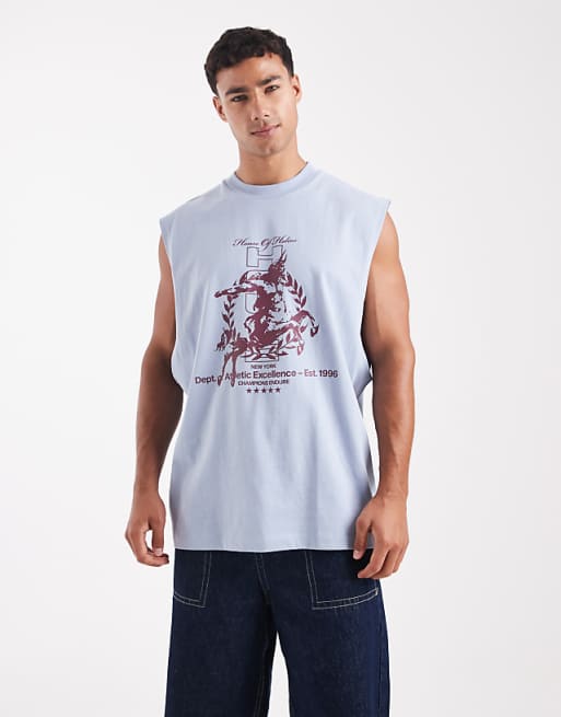 ASOS DESIGN oversized tank with dropped armhole and street graphic in light blue