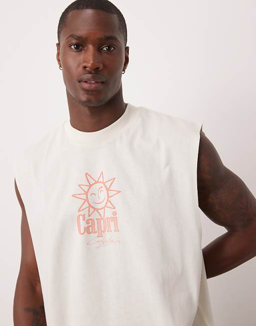 ASOS DESIGN oversized tank with dropped armhole and sun graphic in off white