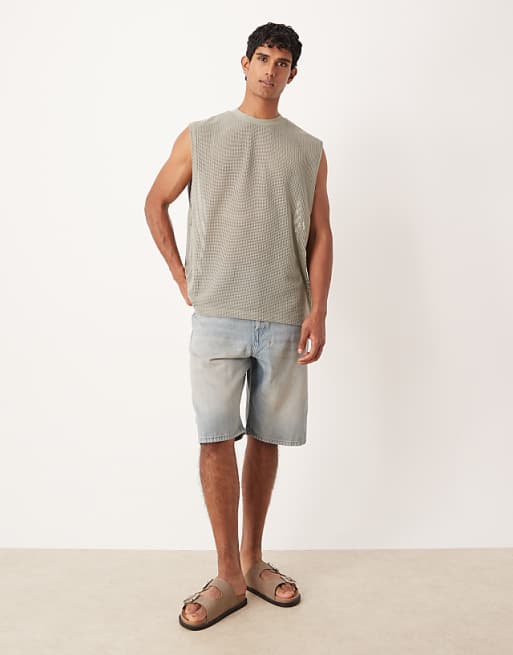 ASOS DESIGN Oversized Tank With Dropped Armhole In Sage Open Mesh